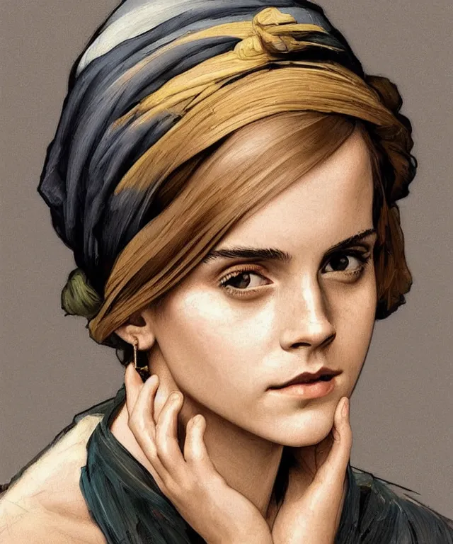 Image similar to Emma Watson as the girl with the pearl earring, highly detailed, digital painting, artstation, concept art, smooth, sharp focus, illustration, ArtStation, art by artgerm and greg rutkowski and alphonse mucha and J. C. Leyendecker and Edmund Blair Leighton and Katsuhiro Otomo and Geof Darrow and Phil hale and Ashley wood and Ilya repin and Charlie Bowater