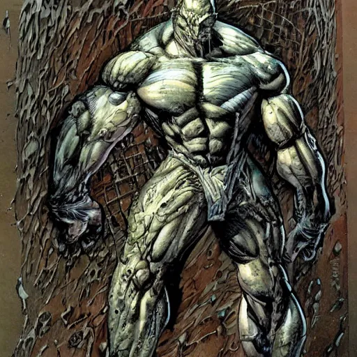 Image similar to by Simon Bisley, a cybernetically enhanced man on steroids growing out of an organic wall made of sinew and flesh