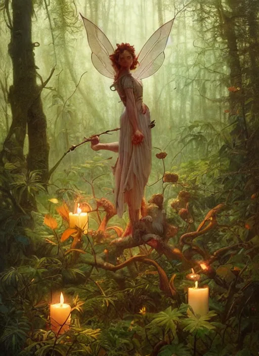 Image similar to a hyper realistic floating fairy shrine, candles, in the woods, gorgeous lighting, lush forest foliage, explosions painting by chiara bautista and tom bagshaw, mucha, beksinski and norman rockwell and greg rutkowski weta studio, and lucasfilm