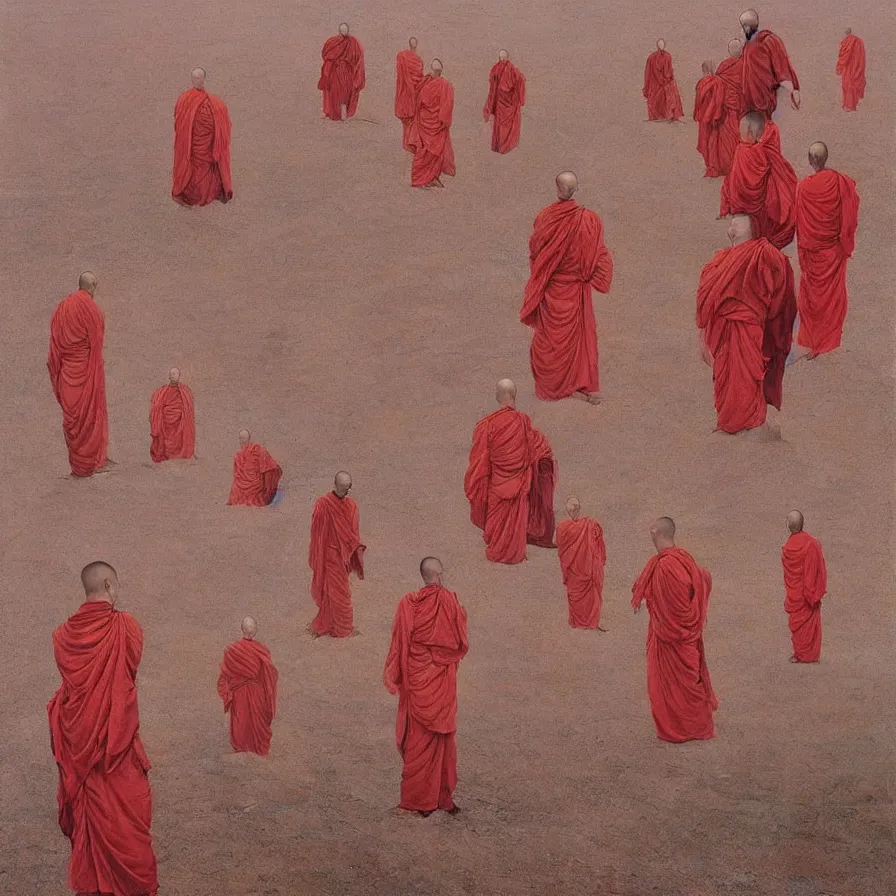 Image similar to faceless monks on a desert, red color scheme, high detailed beksinski painting, by adrian ghenie and gerhard richter. art by takato yamamoto. masterpiece, deep colours