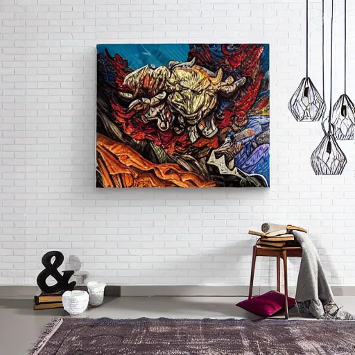 Prompt: vulcano, flowers, bull, surreal by dan mumford and umberto boccioni, oil on canvas