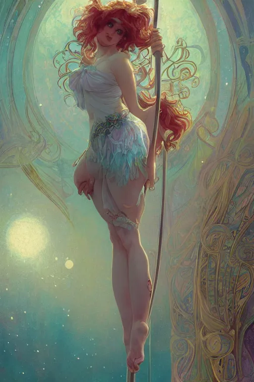 Image similar to A beautiful pole dancing fairie, symmetrical features, cinematic lighting, soft bokeh, fantasy, modern, colourful, highly detailed, digital painting, artstation, deviantart, concept art, sharp focus, illustration, by alphonse mucha