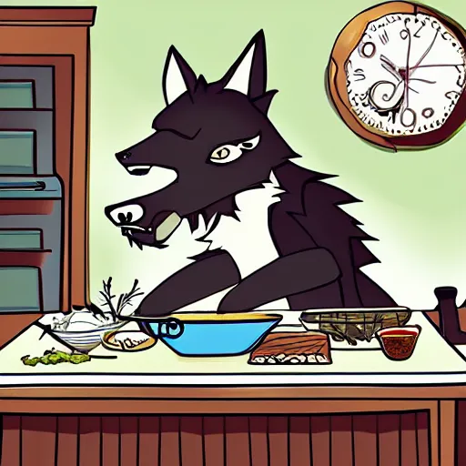 Image similar to YCH illustration of a werewolf cooking dinner