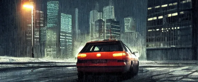 Image similar to Audi A4 B6 Avant (2002), a gritty neo-noir, dramatic bright lighting, cinematic, establishing shot, extremely high detail, photorealistic, cinematic lighting, artstation, by simon stalenhag, Max Payne (PC) (2001) winter new york at night