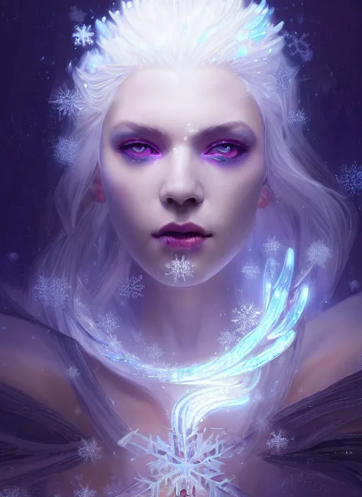 Prompt: a beautiful white haired ice queen, glowing magic snowflakes, intricate concept art, elegant, highly detailed, digital painting, smooth, sharp focus, illuminated lines, outrun, vaporware, illuminated runes, cyberpunk darksynth, ethereal, ominous, misty, 8 k, by ruan jia and craig mullins and alphonse mucha