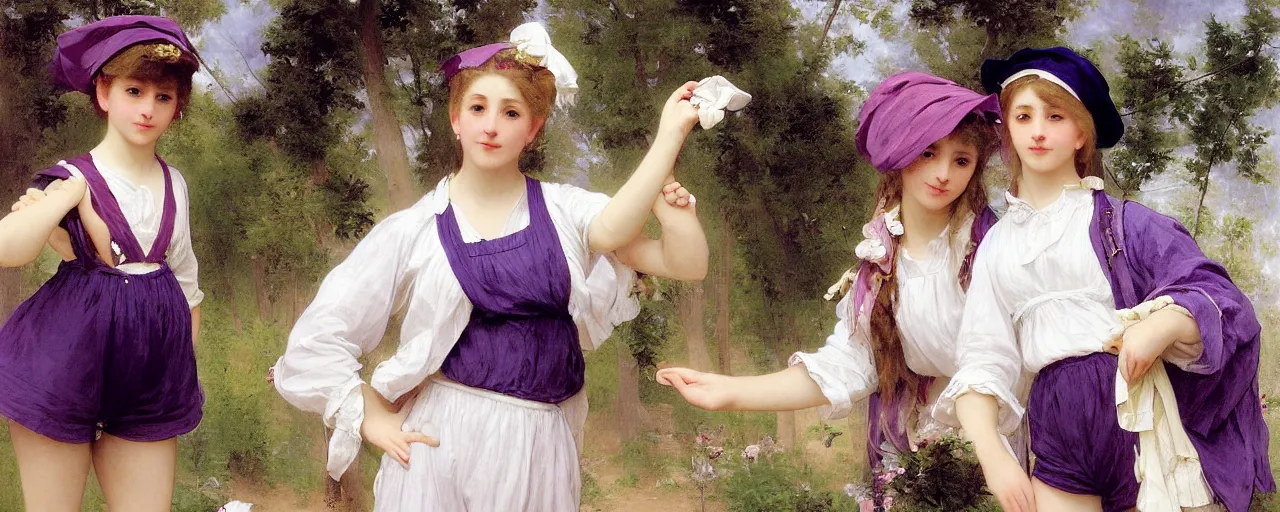Image similar to A character sheet of a very cute magical girl with short blond hair wearing an oversized purple Beret, Purple overall shorts, Short Puffy pants made of silk, pointy jester shoes, a big billowy scarf, and white leggings. Rainbow accessories all over. Flowing fabric. Covered in stars. Short Hair. Art by william-adolphe bouguereau and WLOP and Artgerm. Fashion Photography. Decora Fashion. harajuku street fashion. Kawaii Design. Intricate, elegant, Highly Detailed. Smooth, Sharp Focus, Illustration Photo real. realistic. Hyper Realistic. Sunlit. Moonlight. 4K. UHD. Denoise.