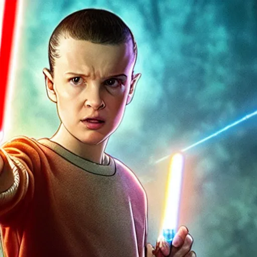 Image similar to a still of eleven from stranger things in star wars: revenge of the sith, holding an activated lightsaber