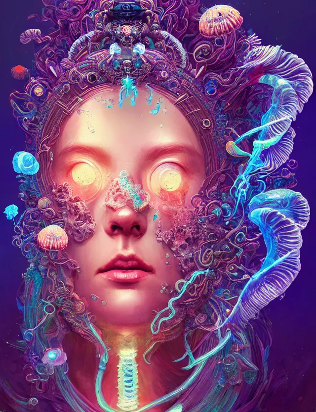 Prompt: goddess macro shouler portrait from bottom to top in crown made of ram skull. betta fish, jellyfish phoenix, bioluminiscent, plasma, ice, water, wind, creature, super intricate ornaments artwork by tooth wu and wlop and alena aenami and greg rutkowski