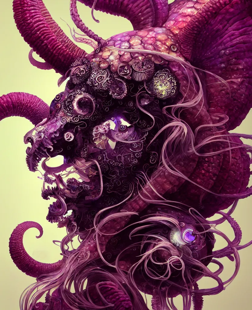 Image similar to goddess close-up portrait ram skull. eyes. jellyfish phoenix head, nautilus, orchid, skull, betta fish, bioluminiscent creatures, intricate artwork by Tooth Wu and wlop and beeple. octane render, trending on artstation, greg rutkowski very coherent symmetrical artwork. cinematic, hyper realism, high detail, octane render, 8k