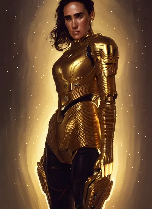 Image similar to symmetry!! portrait of jennifer connelly, gold sci - fi armour, tech wear, glowing lights!! sci - fi, intricate, elegant, highly detailed, digital painting, artstation, concept art, smooth, sharp focus, illustration, art by artgerm and greg rutkowski and alphonse mucha