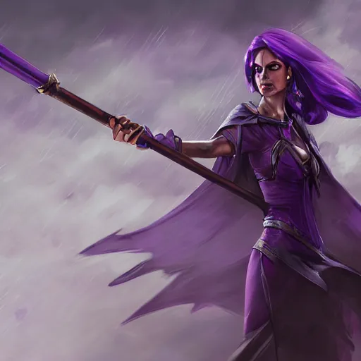 Image similar to a woman in a purple dress holding a staff and dark magic, storm and rain behind her, action scene, magical concept art, artstation contest winner, fantasy art, dark and mysterious, artstation hd, 1 2 0 mm lens, hero pose, detailed, 8 k, digital art