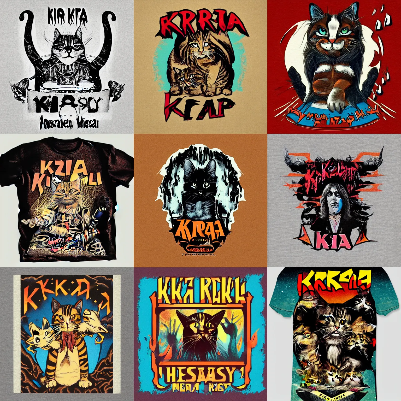 Prompt: 70s concert T-shirt design for heavy metal band “Kira” featuring tabby cat “Kira”, masterpiece, trending on artstation