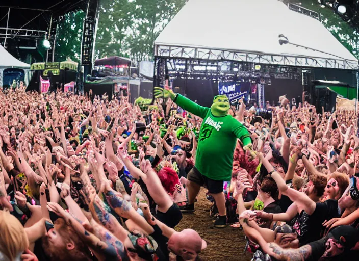 Image similar to photo still of shrek at the vans warped tour 2 0 1 8!!!!!!!! at age 3 6 years old 3 6 years of age!!!!!!!! getting lit in the pit, 8 k, 8 5 mm f 1. 8, studio lighting, rim light, right side key light