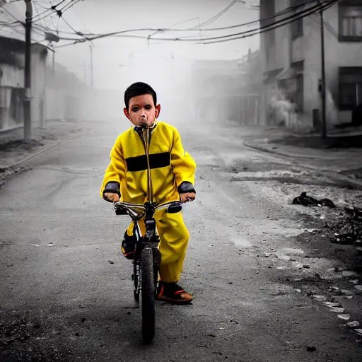 Image similar to a photo of a boy wearing a hazmat suit, riding a bike, side-view, smoke in the background, filthy streets, broken cars. Vines growing. Jpeg artifacts. Full-color photo. Color color color color color. Award-winning photo. Samyang/Rokinon Xeen 50mm T1.5