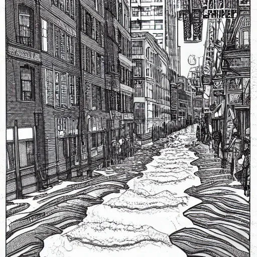 Image similar to water flowing through the streets in brooklyn, color, front view, drawing by moebius