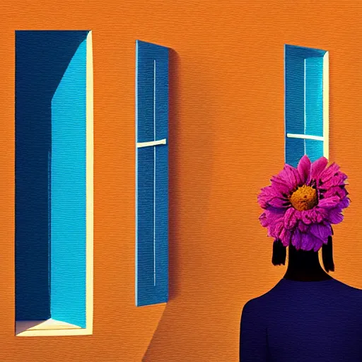 Image similar to giant flower under head, woman next to modern windows, luxury apartment, surreal photography, dramatic light, impressionist painting, digital painting, artstation, james gilleard