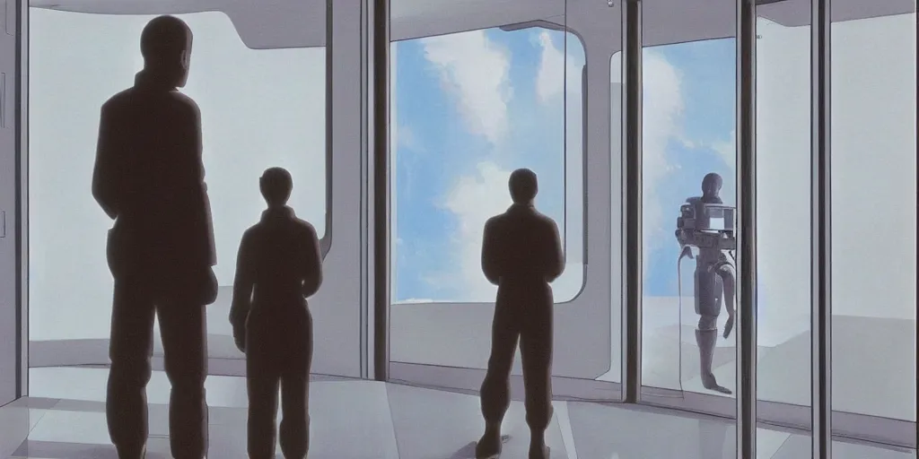 Image similar to 2001: A Space Odyssey, empty lobby, view of Earth through large window, by Ralph McQuarrie