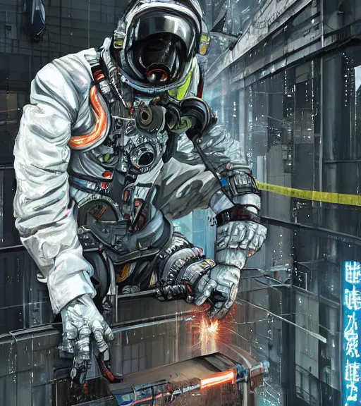 Image similar to realistic cyberpunk japanese engineer with long limbs and a black spacesuit welding a wall, techwear, dead space, visible face, Industrial Scifi, detailed illustration, character portrait, by Martin Grip and Moebius