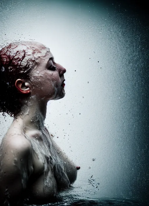 Image similar to conceptual photography portrait of a woman dissolving into water, panic, washing away, fading to nothing, inevitability, agony, surreal portrait, moody, helpless, hopeless, 4 k