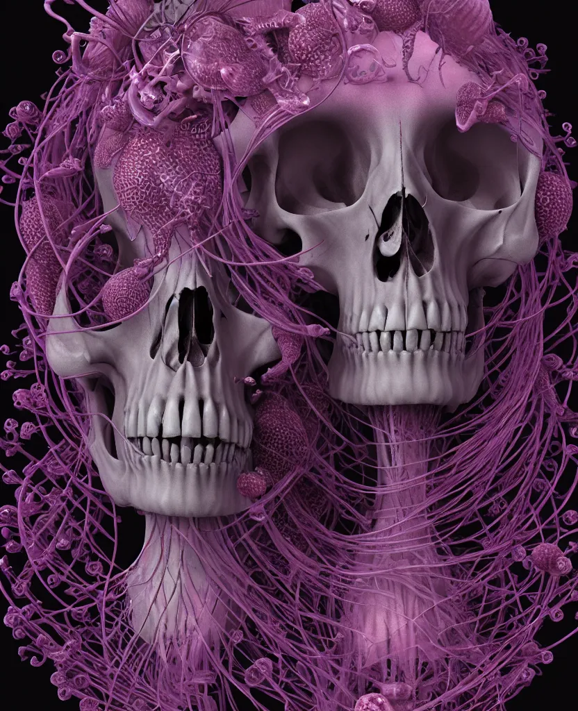 Image similar to goddess close-up portrait skull with mohawk, ram skull, skeleton, thorax, x-ray, backbone, jellyfish phoenix head, nautilus, orchid, skull, betta fish, bioluminiscent creatures, intricate artwork by Tooth Wu and wlop and beeple. octane render, trending on artstation, greg rutkowski very coherent symmetrical artwork. cinematic, hyper realism, high detail, octane render, 8k