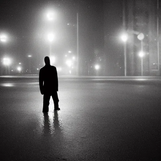 Image similar to an abstract photograph of a lonely male shadowy figure, he is dancing, there is a dark street with lanterns reflected on the ground, everything is underwater, long exposure, 35mm, black-and-white