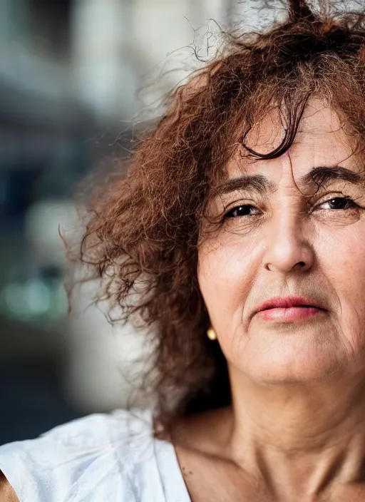 Prompt: close up portrait of beautiful Spanish 50-year-old woman model, chubby, with lovely look, happy, candid street portrait in the style of Martin Schoeller award winning, Sony a7R