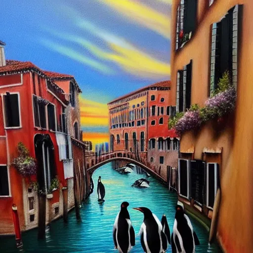 Prompt: a very detailed oil painting of penguins walking around the streets of venice, beautiful sunset lighting, boats going through the canals, footbridges with steps, penguins everywhere