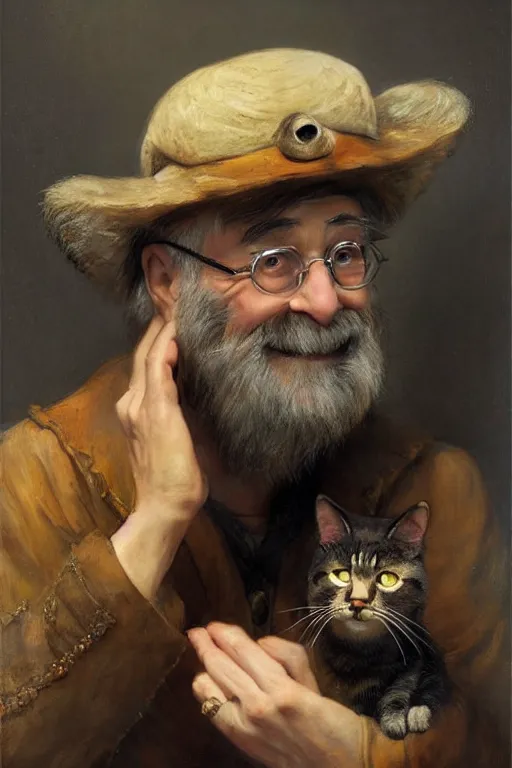 Prompt: terry pratchett with cat ears, nekomimi, smiling slightly by rembrandt and konstantin razumov