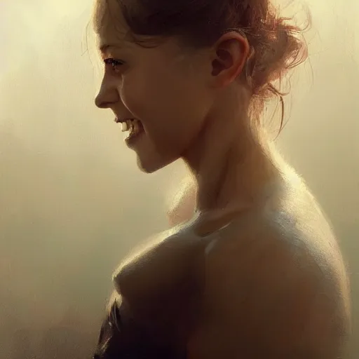 Image similar to epic portrait of a beautiful girl with an unnaturally wide smile, beautiful!, dewy skin, ethereal, painting, concept art, warm lighting, greg rutkowski