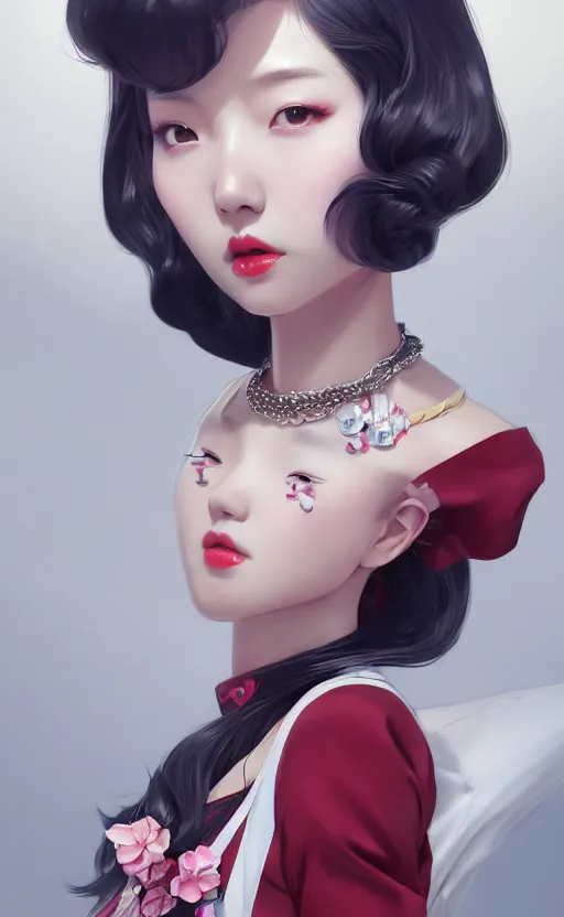 Image similar to a pin up and beautiful fashion charming dreamlke korea girl with lv jewelry, character art, art by artgerm lau and kyoung hwan kim and and ilya kuvshinov and john singer sargent, hyperdetailed, 8 k realistic, symmetrical, frostbite 3 engine, cryengine, dof, trending on artstation, digital art