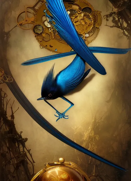 Image similar to hyper realistic paradise flycatcher, refined details, denoised, birds eye view, magical, gems, jewels, gold, steampunk, cyberpunk utopia, painted by tom bagshaw, mucha, gaston bussiere, craig mullins, j. c. leyendecker 8 k