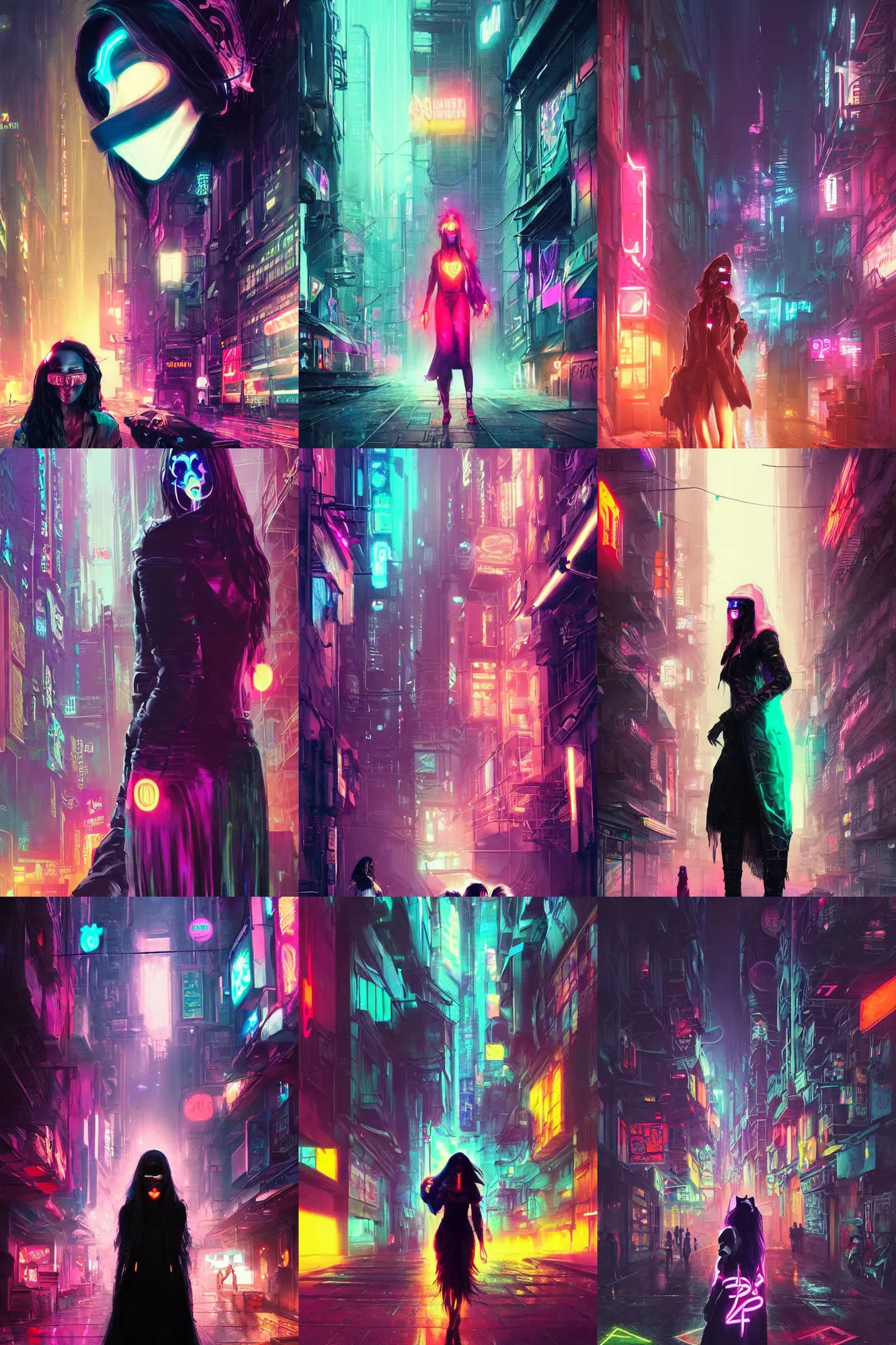 Prompt: woman in a white mask,cyberpunk city at night, street, cat, black coat, long hair, glowing tattoo, neon lights on the street, many colors, colorful, all colors, highly saturated colors, greg rutkowski, fantasy, detailed illustration, hd, 4k, digital art, overdetailed art, concept art, trending on artstation