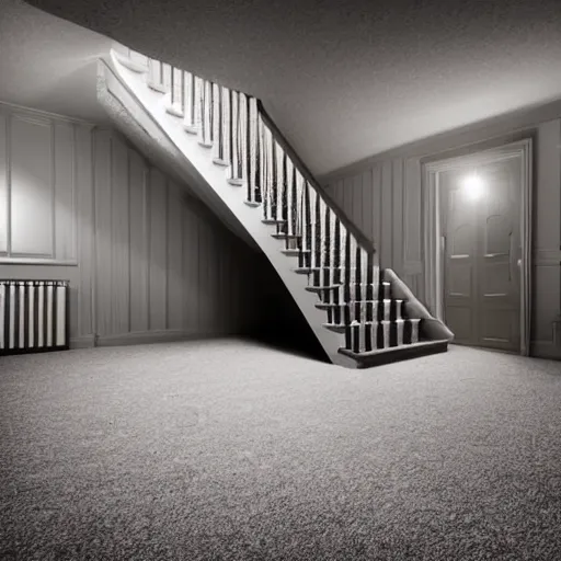 Image similar to dark nostalgic empty house at night with stairs in the middle and doors on either side, one door is closed and the door on the right is open to a blue bathroom, tan carpet