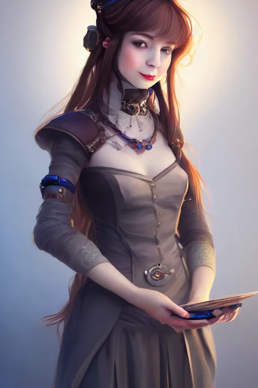 Image similar to portrait of a gorgeous young female artificer holding a strange mechanical device, looking at camera, D&D, choker on neck, stylish dress, mouth slightly open, cute slightly nerdy smile, very long flowing hair, intricate, elegant, stylish, fantasy, extremely detailed, digital painting, artstation, concept art, smooth, sharp focus, illustration, stunning lighting, art by artgerm and greg rutkowski and alphonse mucha and simon stalenhag