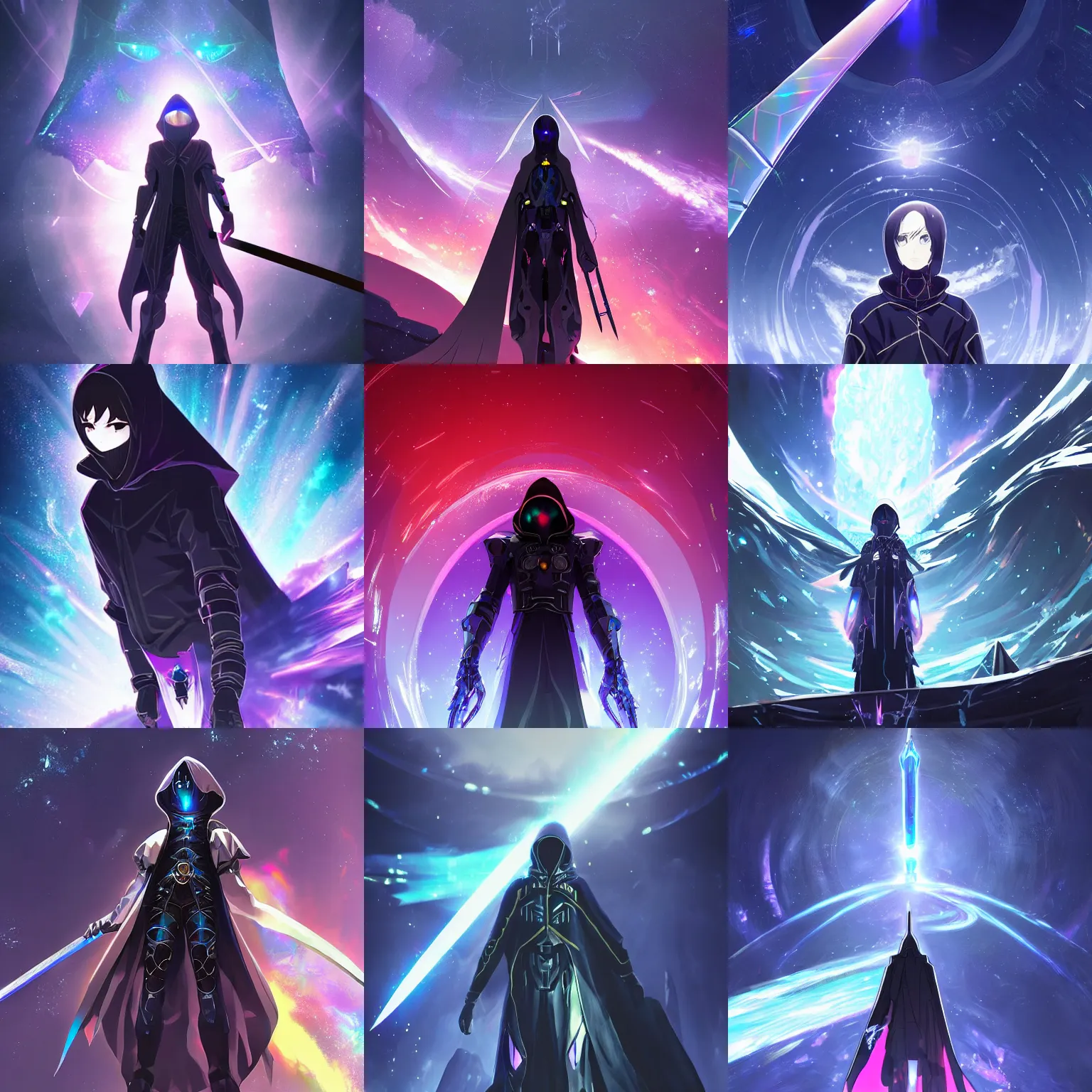 Prompt: planet - destroying ominous hooded omnipotent entity hovering in space with iridescent gothic sword and intricate dark cybernetic armor vibrant crystallic portrait by makoto shinkai