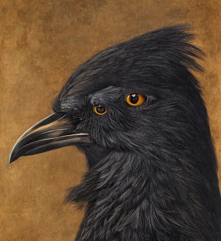 Prompt: a breathtakingly stunningly beautifully highly detailed animal portrait of a majestic raven, by rosetti and devinci and michael cheval and sidney cooper and turner, 4 k