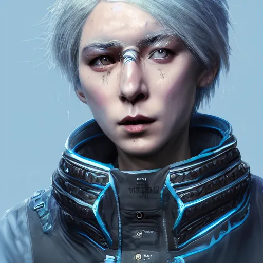 Image similar to rimuru tempest as ilya kovshinov, highly detailed, professional digital painting, concept art, extreme illustration, unreal engine 5, photorealism, hd quality, 8 k, black jacket with high collar, cinematic, art by andy warhol, artgerm, yoshitaka amano, color block