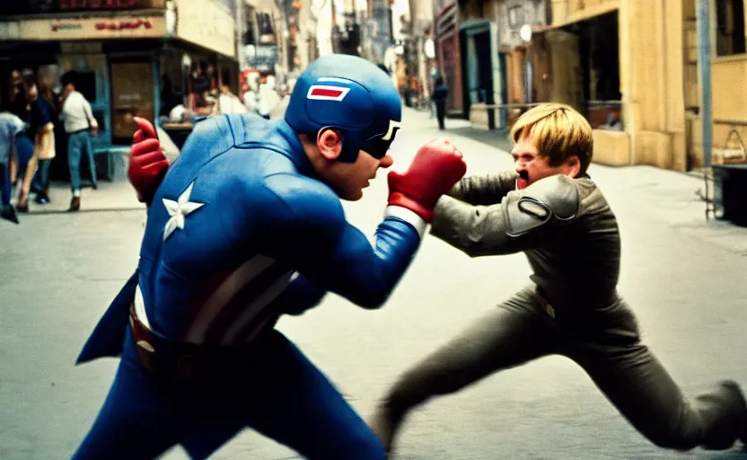 Prompt: cinestill 5 0 d candid photographic portrait by helen levitt of elton john fighting captain america in hand - to - hand combat, modern, moody, emotional cinematic, in a bar, 8 k, hd, high resolution, 3 5 mm, f / 3 2, ultra realistic faces, ex machina