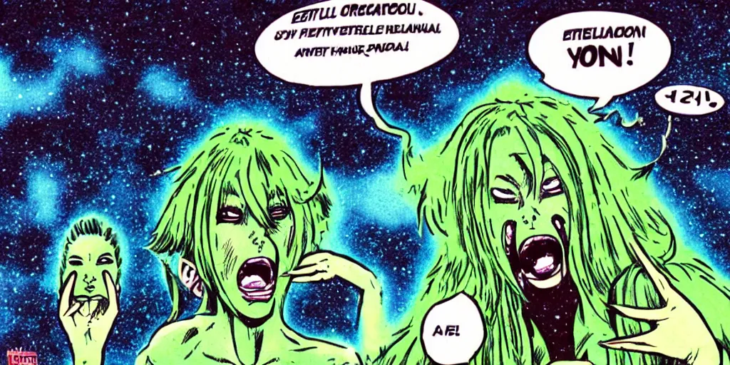 Prompt: apocalyptic ufo woman is screaming and crying after alien invasion on planet earth style of manga comic books in the year seventies, illustration, green color scheme