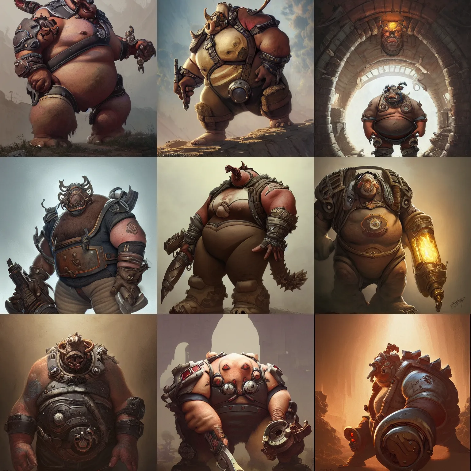 Image similar to roadhog from overwatch, character portrait, concept art, intricate details, highly detailed by greg rutkowski, michael whelan and gustave dore