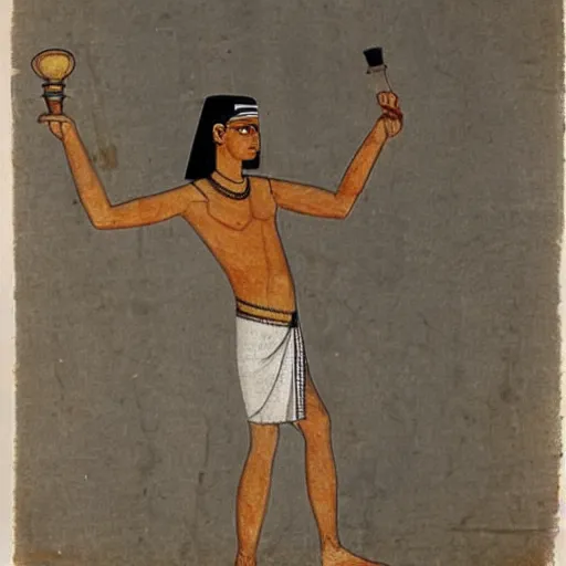 Image similar to Egyptian drawing of a man using a shake weight, ancient, photorealistic