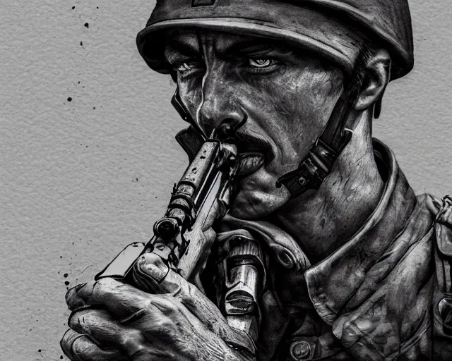 Image similar to A soldier aiming a gun, indifferent face, world war 1, close-up, realistic face, beautiful face detail, mature facial features, black and white, amazing digital art, hyper detailed, artstation, in the style of Tony Sart