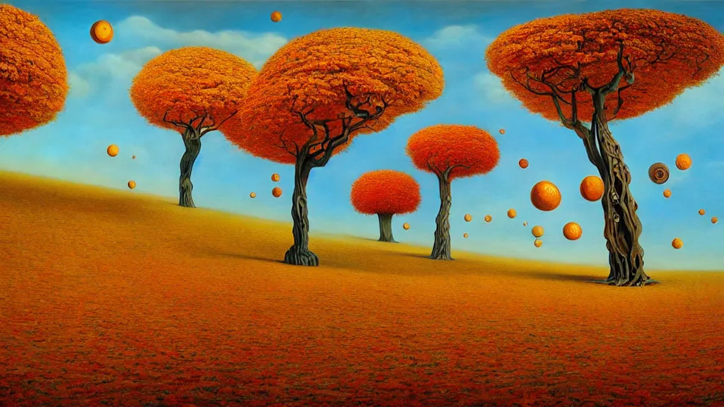 Image similar to surreal landscape, surrealism, symmetrical, whirling autumn trees, esao andrews, victor enrich, dali