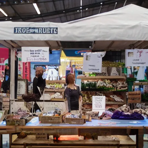 Prompt: a scene of a market stall at a trade show from the film a minority report taken from a distance, cinematic, dslr, unreal engine, hyper realistic