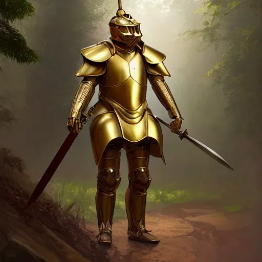 Image similar to photo of a humanoid capybara dressed in armor with a golden helmet on the head, hold sword in the forest, highly detailed, digital painting, artstation, smooth, sharp focus, illustration, art by artgerm and greg rutkowski and alphonse mucha