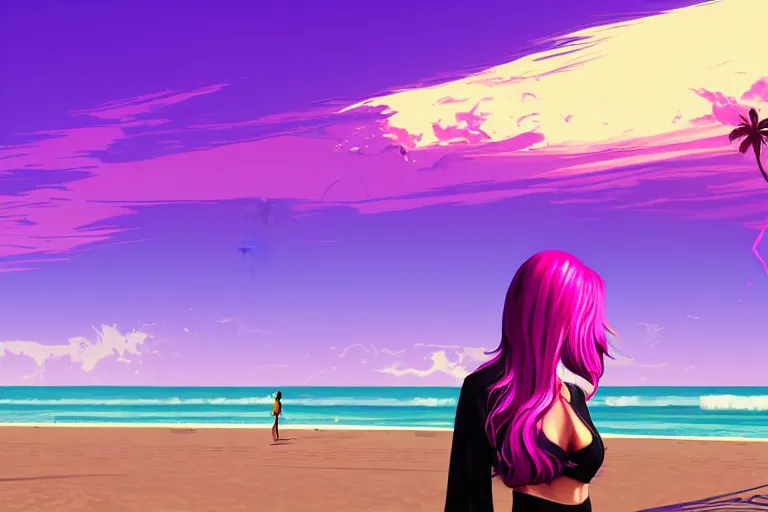 Prompt: a stunning GTA V loading screen with a beautiful woman with ombre hairstyle in purple and pink blowing in the wind at the beach, outrun, vaporware, palm trees, retro, beautiful sky with cumulus couds, golden ratio, digital art, trending on artstation