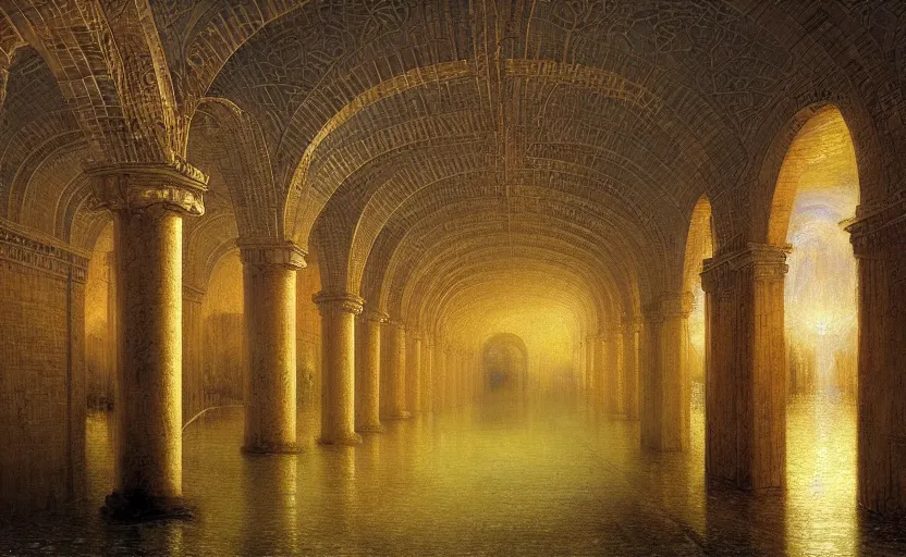 Image similar to tiled room squared waterway, aqueducts, fantasy. intricate. by artstation trending, by joseph mallord william turner, luis royo, konstantin razumov, cinematic lighting, fractal flame, highly detailed