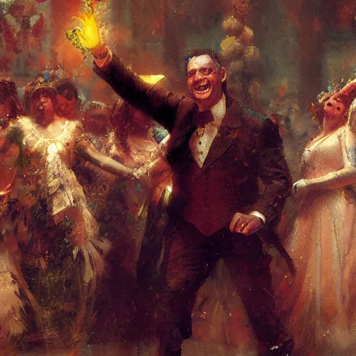 Image similar to an elated chancellor, dancing a jig, character portrait by greg rutkowski, gaston bussiere, craig mullins