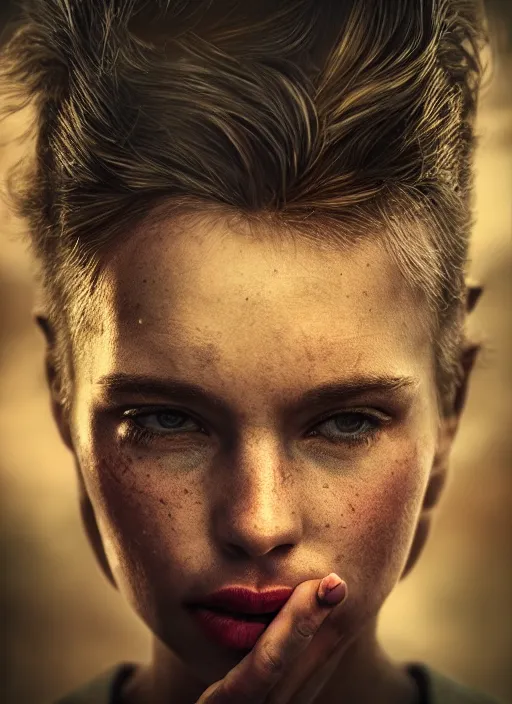 Image similar to cinematic shot epic portrait, hyper realistic, mood lighting, fantasy, detailed lip biting, highly detailed, super realistic, perfect lighting pixel sorting, style sheet