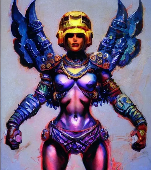 Image similar to portrait of strong iranian female chaos angel, beautiful! coherent! by frank frazetta, by brom, strong line, vivid neon color, shining metal power armor, iron helm, high contrast, maximalist